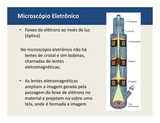 Microscópio Eletrônico
• Feixes de elétrons ao invés de luz
(óptica)
No microscópio eletrônico não há
lentes de cristal e sim bobinas,
chamadas de lenteschamadas de lentes
eletromagnéticas;
• As lentes eletromagnéticas
ampliam a imagem gerada pela
passagem do feixe de elétrons no
material e projetam-na sobre uma
tela, onde é formada a imagem
 