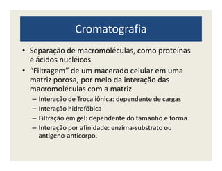 Cromatografia
• Separação de macromoléculas, como proteínas
e ácidos nucléicos
• “Filtragem” de um macerado celular em uma
matriz porosa, por meio da interação das
macromoléculas com a matrizmacromoléculas com a matriz
– Interação de Troca iônica: dependente de cargas
– Interação hidrofóbica
– Filtração em gel: dependente do tamanho e forma
– Interação por afinidade: enzima-substrato ou
antigeno-anticorpo.
 