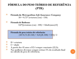 FÓRMULA DO PESO TEÓRICO DE REFERÊNCIA
(PTR)
 Fórmula da Metropolitan Life Insurance Company
50 + 0,75* (estatura (cm) - 150)
 Fórmula de Butheau:
0,8*[(estatura (cm) - 100) + Idade(anos)/2]
Fórmula do peso teórico de referência:
{50+0,75 (E-150) + 0,8 [(E-100) + I/2]}/ 2
 E= estatura
 I = idade
 A partir dos 45 anos o I/2 é sempre constante (22,5);
 Nas mulheres devemos sempre retirar 5% do resultado final
no cálculo do peso de referência. 14
 