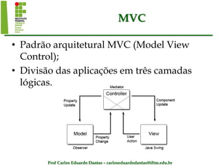 Prof Carlos Eduardo Dantas – carloseduardodantas@iftm.edu.br
MVC
• Padrão arquitetural MVC (Model View
Control);
• Divisão das aplicações em três camadas
lógicas.
 