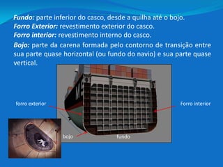 bojo
Fundo: parte inferior do casco, desde a quilha até o bojo.
fundo
Forro interiorforro exterior
Bojo: parte da carena formada pelo contorno de transição entre
sua parte quase horizontal (ou fundo do navio) e sua parte quase
vertical.
Forro Exterior: revestimento exterior do casco.
Forro interior: revestimento interno do casco.
 