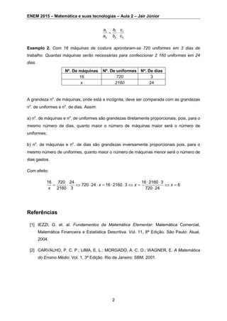 ENEM 2015 – Matemática e suas tecnologias – Aula 2 – Jair Júnior
2
1 1 1
2 2 2
a b c
a b c
 
Exemplo 2. Com 16 máquinas de costura aprontaram-se 720 uniformes em 3 dias de
trabalho. Quantas máquinas serão necessárias para confeccionar 2 160 uniformes em 24
dias.
Nº. De máquinas Nº. De uniformes Nº. De dias
16 720 3
x 2160 24
A grandeza no
. de máquinas, onde está a incógnita, deve ser comparada com as grandezas
no
. de uniformes e no
. de dias. Assim:
a) no
. de máquinas e no
. de uniformes são grandezas diretamente proporcionais, pois, para o
mesmo número de dias, quanto maior o número de máquinas maior será o número de
uniformes;
b) no
. de máquinas e no
. de dias são grandezas inversamente proporcionais pois, para o
mesmo número de uniformes, quanto maior o número de máquinas menor será o número de
dias gastos.
Com efeito:
16 720 24 16 2160 3
720 24 16 2160 3 6
2160 3 720 24
x x x
x
 
           

Referências
[1] IEZZI, G. et. al. Fundamentos da Matemática Elementar: Matemática Comercial,
Matemática Financeira e Estatística Descritiva. Vol. 11, 8ª Edição. São Paulo: Atual,
2004.
[2] CARVALHO, P. C. P.; LIMA, E. L.; MORGADO, A. C. O.; WAGNER, E. A Matemática
do Ensino Médio. Vol. 1, 3ª Edição. Rio de Janeiro: SBM, 2001.
 