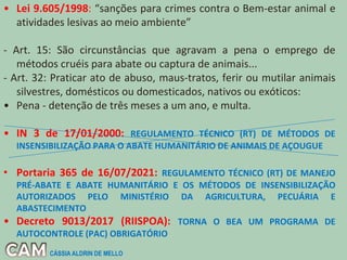 • Lei 9.605/1998: “sanções para crimes contra o Bem-estar animal e
atividades lesivas ao meio ambiente”
- Art. 15: São circunstâncias que agravam a pena o emprego de
métodos cruéis para abate ou captura de animais...
- Art. 32: Praticar ato de abuso, maus-tratos, ferir ou mutilar animais
silvestres, domésticos ou domesticados, nativos ou exóticos:
• Pena - detenção de três meses a um ano, e multa.
• IN 3 de 17/01/2000: REGULAMENTO TÉCNICO (RT) DE MÉTODOS DE
INSENSIBILIZAÇÃO PARA O ABATE HUMANITÁRIO DE ANIMAIS DE AÇOUGUE
• Portaria 365 de 16/07/2021: REGULAMENTO TÉCNICO (RT) DE MANEJO
PRÉ-ABATE E ABATE HUMANITÁRIO E OS MÉTODOS DE INSENSIBILIZAÇÃO
AUTORIZADOS PELO MINISTÉRIO DA AGRICULTURA, PECUÁRIA E
ABASTECIMENTO
• Decreto 9013/2017 (RIISPOA): TORNA O BEA UM PROGRAMA DE
AUTOCONTROLE (PAC) OBRIGATÓRIO
CÁSSIA ALDRIN DE MELLO
 