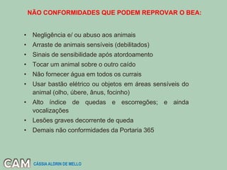 NÃO CONFORMIDADES QUE PODEM REPROVAR O BEA:
• Negligência e/ ou abuso aos animais
• Arraste de animais sensíveis (debilitados)
• Sinais de sensibilidade após atordoamento
• Tocar um animal sobre o outro caído
• Não fornecer água em todos os currais
• Usar bastão elétrico ou objetos em áreas sensíveis do
animal (olho, úbere, ânus, focinho)
• Alto índice de quedas e escorregões; e ainda
vocalizações
• Lesões graves decorrente de queda
• Demais não conformidades da Portaria 365
CÁSSIA ALDRIN DE MELLO
 