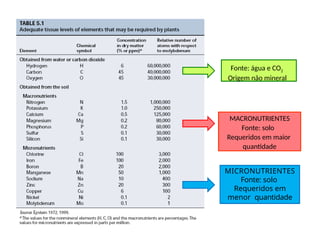 MACRONUTRIENTES
Fonte: solo
Requeridos em maior
quantidade
MICRONUTRIENTES
Fonte: solo
Requeridos em
menor quantidade
Fonte: água e CO2
Origem não mineral
 