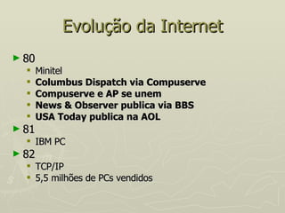 Evolução da Internet 80 Minitel Columbus Dispatch via Compuserve Compuserve e AP se unem News & Observer publica via BBS USA Today publica na AOL 81  IBM PC 82  TCP/IP 5,5 milhões de PCs vendidos 
