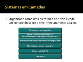    Organizado como uma hierarquia de níveis e cada
    um construído sobre o nível imediatamente abaixo.
 