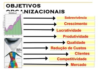 OBJETIVOSOBJETIVOS
ORGANIZACIONAISORGANIZACIONAIS
SobrevivênciaSobrevivência
CrescimentoCrescimento
LucratividadeLucratividade
ProdutividadeProdutividade
QualidadeQualidade
Redução de CustosRedução de Custos
MercadoMercado
ClientesClientes
CompetitividadeCompetitividade
 