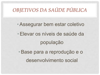 OBJETIVOS DA SAÚDE PÚBLICA
• Assegurar bem estar coletivo
•Elevar os níveis de saúde da
população
•Base para a reprodução e o
desenvolvimento social
 