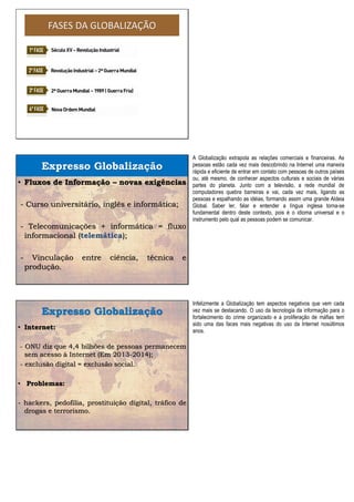FASES DA GLOBALIZAÇÃO
Expresso Globalização
• Fluxos de Informação – novas exigências
- Curso universitário, inglês e informática;
- Telecomunicações + informática = fluxo
informacional (telemática);
- Vinculação entre ciência, técnica e
produção.
A Globalização extrapola as relações comerciais e financeiras. As
pessoas estão cada vez mais descobrindo na Internet uma maneira
rápida e eficiente de entrar em contato com pessoas de outros países
ou, até mesmo, de conhecer aspectos culturais e sociais de várias
partes do planeta. Junto com a televisão, a rede mundial de
computadores quebra barreiras e vai, cada vez mais, ligando as
pessoas e espalhando as idéias, formando assim uma grande Aldeia
Global. Saber ler, falar e entender a língua inglesa torna-se
fundamental dentro deste contexto, pois é o idioma universal e o
instrumento pelo qual as pessoas podem se comunicar.
Expresso Globalização
• Internet:
- ONU diz que 4,4 bilhões de pessoas permanecem
sem acesso à Internet (Em 2013-2014);
- exclusão digital = exclusão social.
• Problemas:
- hackers, pedofilia, prostituição digital, tráfico de
drogas e terrorismo.
Infelizmente a Globalização tem aspectos negativos que vem cada
vez mais se destacando. O uso da tecnologia da informação para o
fortalecimento do crime organizado e a proliferação de máfias tem
sido uma das faces mais negativas do uso da Internet nosúltimos
anos.
 