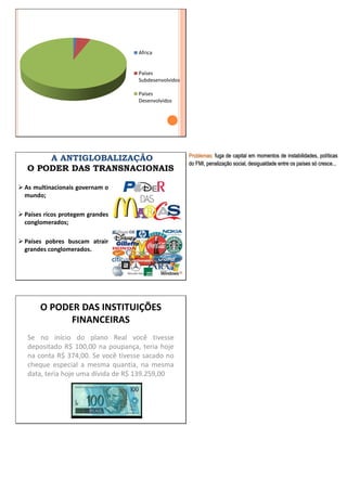 Africa
Países
Subdesenvolvidos
Países
Desenvolvidos
A ANTIGLOBALIZAÇÃO
O PODER DAS TRANSNACIONAIS
 As multinacionais governam o
mundo;
 Países ricos protegem grandes
conglomerados;
 Países pobres buscam atrair
grandes conglomerados.
Problemas: fuga de capital em momentos de instabilidades, políticas
do FMI, penalização social, desigualdade entre os países só cresce...
O PODER DAS INSTITUIÇÕES
FINANCEIRAS
Se no início do plano Real você tivesse
depositado R$ 100,00 na poupança, teria hoje
na conta R$ 374,00. Se você tivesse sacado no
cheque especial a mesma quantia, na mesma
data, teria hoje uma dívida de R$ 139.259,00
 