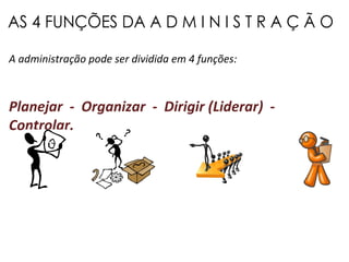 AS 4 FUNÇÕES DA A D M I N I S T R A Ç Ã O A administração pode ser dividida em 4 funções: Planejar  -  Organizar  -  Dirigir (Liderar)  -  Controlar. 