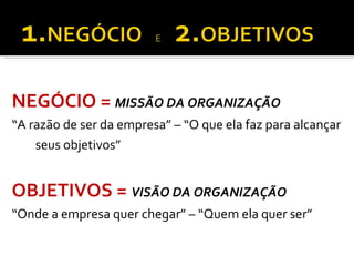 NEGÓCIO =  MISSÃO DA ORGANIZAÇÃO “ A razão de ser da empresa” – “O que ela faz para alcançar seus objetivos” OBJETIVOS =  VISÃO DA ORGANIZAÇÃO “ Onde a empresa quer chegar” – “Quem ela quer ser” 