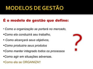 É o modelo de gestão que define: Como a organização se portará no mercado, Como ela conduzirá seu trabalho, Como alcançará seus objetivos,  Como produzira seus produtos  Como manter integrado todos os processos Como agir em situações adversas. Como ela se ORGANIZA!! 