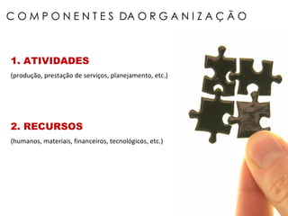 C O M P O N E N T E S  DA O R G A N I Z A Ç Ã O  1. ATIVIDADES (produção, prestação de serviços, planejamento, etc.) 2. RECURSOS (humanos, materiais, financeiros, tecnológicos, etc.) 