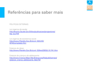 Referências para saber mais
POLITICAS SETORIAIS:
Lei organica da saúde:
http://bvsms.Saude.Gov.Br/bvs/publicacoes/progestores/
leg_sus.Pdf
Lei organica da assistencia social:
http://www.Planalto.Gov.Br/ccivil_03/LEIS/
l8742compilado.Htm
Estatuto do idoso:
http://www.Planalto.Gov.Br/ccivil_03/leis/2003/L10.741.Htm
Estatuto da criança e do adolescente:
http://www.Crianca.Mppr.Mp.Br/arquivos/file/publi/camara/
estatuto_crianca_adolescente_9ed.Pdf
 