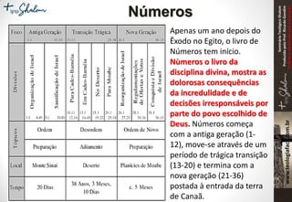 SeminárioTeológicoShalom
ProduzidopeloProf.RicardoGondim
Proibidaareproduçãosemautorização
Números
Apenas um ano depois do
Êxodo no Egito, o livro de
Números tem início.
Nùmeros o livro da
disciplina divina, mostra as
dolorosas consequências
da incredulidade e de
decisões irresponsáveis por
parte do povo escolhido de
Deus. Números começa
com a antiga geração (1-
12), move-se através de um
período de trágica transição
(13-20) e termina com a
nova geração (21-36)
postada à entrada da terra
de Canaã.
 
