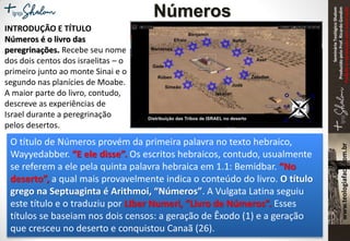 SeminárioTeológicoShalom
ProduzidopeloProf.RicardoGondim
Proibidaareproduçãosemautorização
INTRODUÇÃO E TÍTULO
Números é o livro das
peregrinações. Recebe seu nome
dos dois centos dos israelitas – o
primeiro junto ao monte Sinai e o
segundo nas planícies de Moabe.
A maior parte do livro, contudo,
descreve as experiências de
Israel durante a peregrinação
pelos desertos.
O título de Números provém da primeira palavra no texto hebraico,
Wayyedabber. “E ele disse”. Os escritos hebraicos, contudo, usualmente
se referem a ele pela quinta palavra hebraica em 1.1: Bemidbar. “No
deserto”, a qual mais provavelmente indica o conteúdo do livro. O título
grego na Septuaginta é Arithmoi, “Números”. A Vulgata Latina seguiu
este título e o traduziu por LIber Numeri, “Livro de Números”. Esses
títulos se baseiam nos dois censos: a geração de Êxodo (1) e a geração
que cresceu no deserto e conquistou Canaã (26).
Números
 