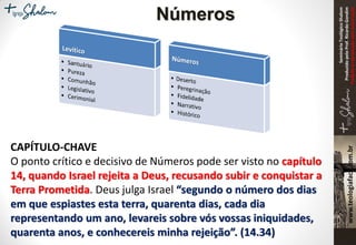 SeminárioTeológicoShalom
ProduzidopeloProf.RicardoGondim
Proibidaareproduçãosemautorização
CAPÍTULO-CHAVE
O ponto crítico e decisivo de Números pode ser visto no capítulo
14, quando Israel rejeita a Deus, recusando subir e conquistar a
Terra Prometida. Deus julga Israel “segundo o número dos dias
em que espiastes esta terra, quarenta dias, cada dia
representando um ano, levareis sobre vós vossas iniquidades,
quarenta anos, e conhecereis minha rejeição”. (14.34)
Números
 
