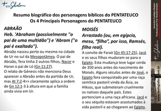 SeminárioTeológicoShalom
ProduzidopeloProf.RicardoGondim
Proibidaareproduçãosemautorização
Resumo biográfico dos personagens bíblicos do PENTATEUCO
Os 4 Principais Personagens do PENTATEUCO
ABRAÃO
Heb. 'Abraham (possivelmente "o
pai de uma multidão") e 'Abram ("o
pai é exaltado").
Abraão nasceu perto ou mesmo na cidade
de Ur no sul da Mesopotâmea. O pai de
Abraão, Tera tinha 2 outros filhos, Nacor e
Haran o pai de Ló (Gn 11:27).
O relato de Génesis não menciona Deus
aparecer a Abraão antes da partida de Ur,
mas At 7:2-4>> claramente aplica a ordem
de Gn 12:1-3 à altura em que a família
ainda vivia em Ur.
MOISÉS
Arrastado (ou, em egípcio,
mesu, “filho”, por isso, Ramsés,
filho real).
A convite de Faraó (Gn 45:17-25), Jacó
e os seus filhos mudaram-se para o
Egipto. Esta mudança teve lugar cerda
de 350 anos antes do nascimento de
Moisés. Alguns séculos antes de José, o
Egipto fora conquistado por uma raça
semítica pastoril vinda da Ásia, os
Hiksos, que submeteram cruelmente
os nativos daquele país. Estes
pertenciam a uma raça africana. Jacó e
o seu séquito estavam acostumados à
vida pastoril e ao chegarem ao Egipto,
 