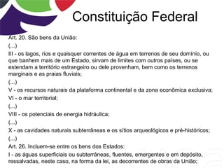 Constituição Federal
Art. 20. São bens da União:
(...)
III - os lagos, rios e quaisquer correntes de água em terrenos de seu domínio, ou
que banhem mais de um Estado, sirvam de limites com outros países, ou se
estendam a território estrangeiro ou dele provenham, bem como os terrenos
marginais e as praias fluviais;
(...)
V - os recursos naturais da plataforma continental e da zona econômica exclusiva;
VI - o mar territorial;
(...)
VIII - os potenciais de energia hidráulica;
(...)
X - as cavidades naturais subterrâneas e os sítios arqueológicos e pré-históricos;
(...)
Art. 26. Incluem-se entre os bens dos Estados:
I - as águas superficiais ou subterrâneas, fluentes, emergentes e em depósito,
ressalvadas, neste caso, na forma da lei, as decorrentes de obras da União;
 
