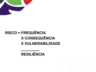 RISCO = FREQUÊNCIA
X CONSEQUÊNCIA
X VULNERABILIDADE
_________
RESILIÊNCIA
 