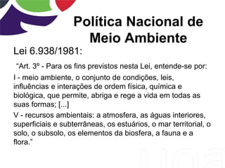 Política Nacional de
Meio Ambiente
Lei 6.938/1981:
“Art. 3º - Para os fins previstos nesta Lei, entende-se por:
I - meio ambiente, o conjunto de condições, leis,
influências e interações de ordem física, química e
biológica, que permite, abriga e rege a vida em todas as
suas formas; [...]
V - recursos ambientais: a atmosfera, as águas interiores,
superficiais e subterrâneas, os estuários, o mar territorial, o
solo, o subsolo, os elementos da biosfera, a fauna e a
flora.”
 