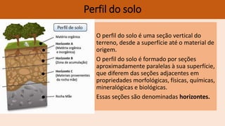O perfil do solo é uma seção vertical do
terreno, desde a superfície até o material de
origem.
O perfil do solo é formado por seções
aproximadamente paralelas à sua superfície,
que diferem das seções adjacentes em
propriedades morfológicas, físicas, químicas,
mineralógicas e biológicas.
Essas seções são denominadas horizontes.
Perfil do solo
 
