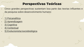 Perspectivas Teóricas
• Cinco grandes perspectivas sustentam boa parte das teorias influentes e
da pesquisa sobre desenvolvimento humano:
• 1) Psicanalítica
• 2) Aprendizagem
• 3) Cognitiva
• 4) Contextual
• 5) Evolucionista/sociobiológica
 
