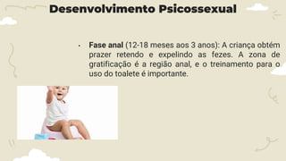 Desenvolvimento Psicossexual
• Fase anal (12-18 meses aos 3 anos): A criança obtém
prazer retendo e expelindo as fezes. A zona de
gratificação é a região anal, e o treinamento para o
uso do toalete é importante.
 