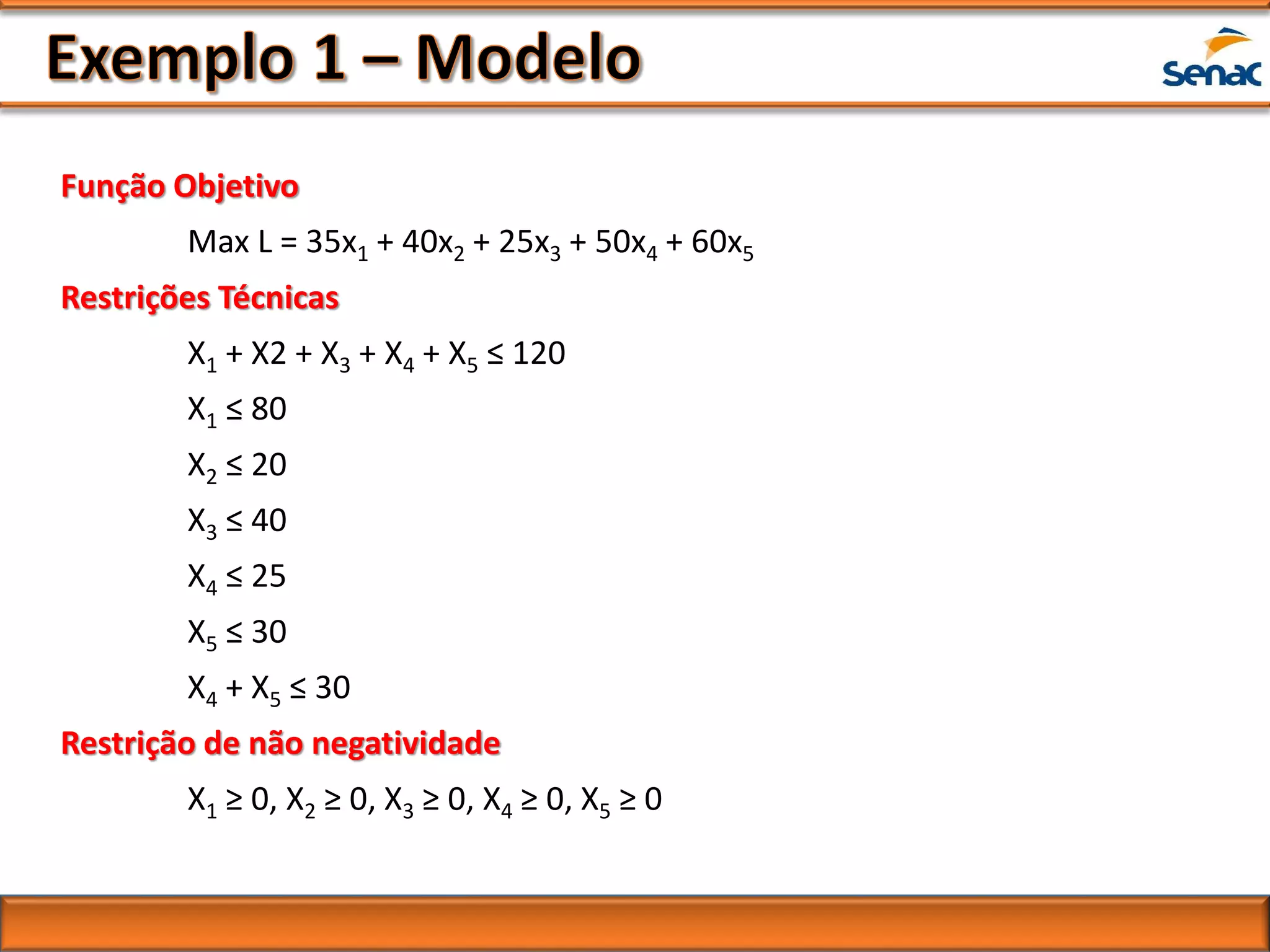 Função Objetivo
Max L = 35x1 + 40x2 + 25x3 + 50x4 + 60x5
Restrições Técnicas
X1 + X2 + X3 + X4 + X5 ≤ 120
X1 ≤ 80
X2 ≤ 20
X3 ≤ 40
X4 ≤ 25
X5 ≤ 30
X4 + X5 ≤ 30
Restrição de não negatividade
X1 ≥ 0, X2 ≥ 0, X3 ≥ 0, X4 ≥ 0, X5 ≥ 0
 