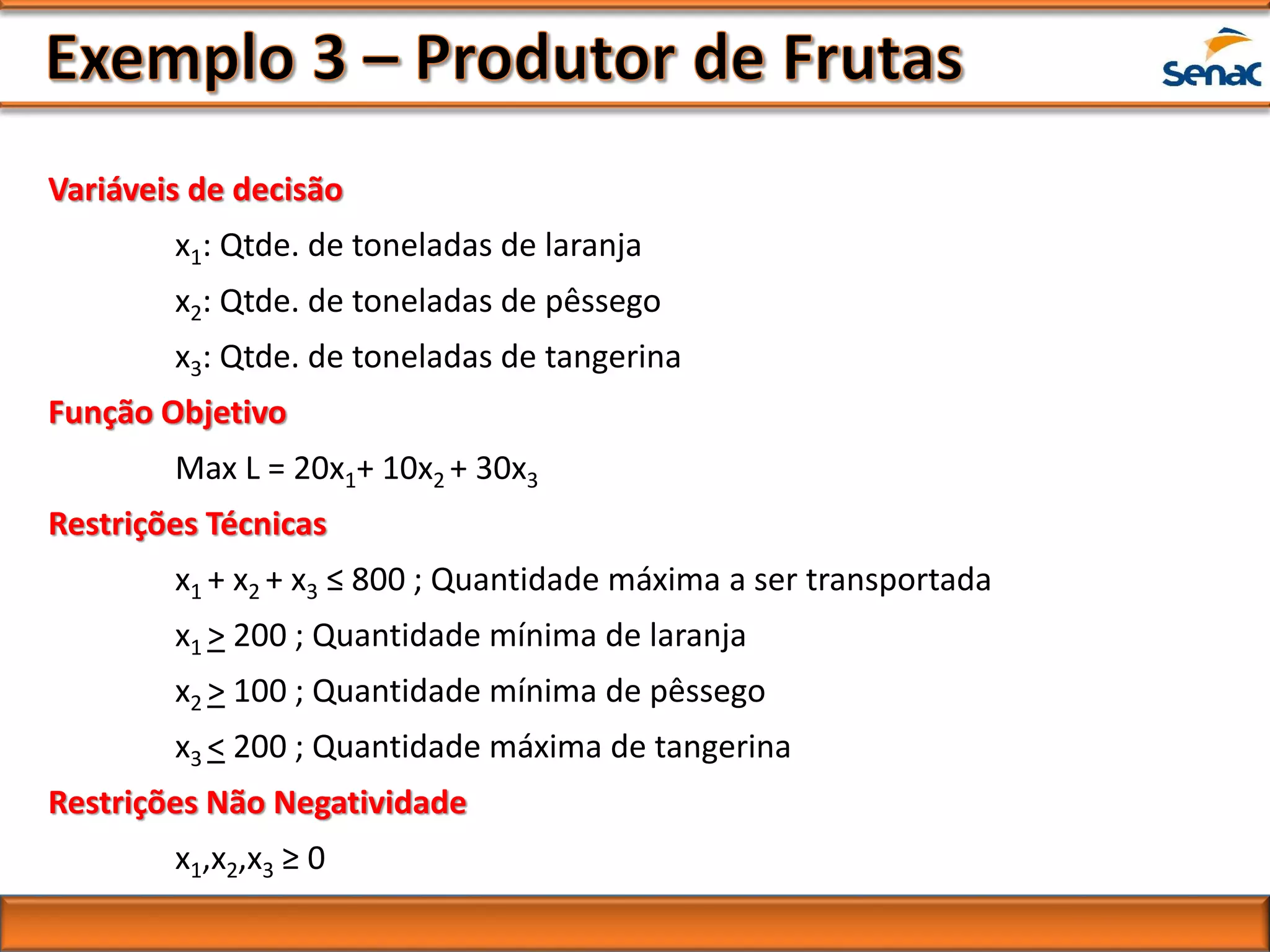 Variáveis de decisão
x1: Qtde. de toneladas de laranja
x2: Qtde. de toneladas de pêssego
x3: Qtde. de toneladas de tangerina
Função Objetivo
Max L = 20x1+ 10x2 + 30x3
Restrições Técnicas
x1 + x2 + x3 ≤ 800 ; Quantidade máxima a ser transportada
x1 > 200 ; Quantidade mínima de laranja
x2 > 100 ; Quantidade mínima de pêssego
x3 < 200 ; Quantidade máxima de tangerina
Restrições Não Negatividade
x1,x2,x3 ≥ 0
 
