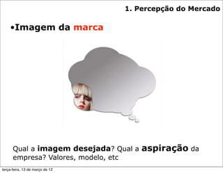 1. Percepção do Mercado

    •Imagem da marca




      Qual a imagem desejada? Qual a   aspiração da
      empresa? Valores, modelo, etc
terça-feira, 13 de março de 12
 