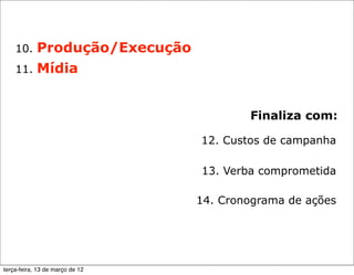10. Produção/Execução
    11. Mídia



                                         Finaliza com:

                                 12. Custos de campanha

                                 13. Verba comprometida

                                 14. Cronograma de ações




terça-feira, 13 de março de 12
 