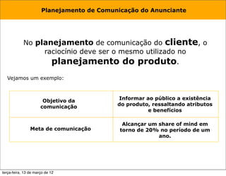 Planejamento de Comunicação do Anunciante




            No planejamento de comunicação do cliente, o
                 raciocínio deve ser o mesmo utilizado no
                   planejamento do produto.
  Vejamos um exemplo:



                       Objetivo da         Informar ao público a existência
                      comunicação          do produto, ressaltando atributos
                                                     e benefícios

                                             Alcançar um share of mind em
                Meta de comunicação         torno de 20% no período de um
                                                         ano.




terça-feira, 13 de março de 12
 