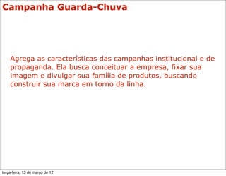 Campanha Guarda-Chuva




    Agrega as características das campanhas institucional e de
    propaganda. Ela busca conceituar a empresa, fixar sua
    imagem e divulgar sua família de produtos, buscando
    construir sua marca em torno da linha.




terça-feira, 13 de março de 12
 