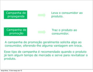 Campanha de                 Leva o consumidor ao
        propaganda                 produto.



        Campanha de                 Traz o produto ao
         promoção                   consumidor.


     A campanha de promoção geralmente solicita algo ao
     consumidor, oferendo-lhe alguma vantagem em troca.

    Esse tipo de campanha é recomendado quando o produto
    já tem algum tempo de mercado e serve para revitalizar o
    produto.



terça-feira, 13 de março de 12
 