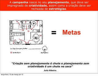 A campanha nasce no seu planejamento, que deve ser
        impregnado de criatividade, assim como a criação deve ser
                        recheada de estratégias.




                                 PLANEJAMENTO CRIATIVO e

                                                 =
                                  CRIAÇÃO ESTRATÉGICA.     Metas



              “Criação sem planejamento é chute e planejamento sem
                         criatividade é um chute no saco”
                                          Julio Ribeiro.

terça-feira, 13 de março de 12
 
