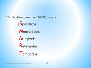 Planejamento Estratégico Empresarial 12
*Os objetivos devem ser SMART, ou seja
eSpecíficos
Mensuráveis
Atingíveis
Relevantes
Temporais
 