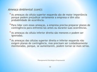 Planejamento Estratégico Empresarial
32
Ameaça Ambiental (cont):
*As ameaças da célula superior esquerda são de maior importância
porque podem prejudicar seriamente a empresa e têm alta
probabilidade de ocorrência.
*Para lidar com essas ameaças, a empresa precisa preparar planos de
contingência para enfrentá-las antes ou durante suas ocorrências.
*As ameaças da célula inferior direita são menores e podem ser
ignoradas.
*As ameaças das células superior direita e inferior esquerda não
exigem planos de contingência, mas precisam ser cuidadosamente
monitoradas, porque, se aumentarem, podem tornar-se mais sérias.
 