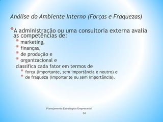 Planejamento Estratégico Empresarial
34
Análise do Ambiente Interno (Forças e Fraquezas)
*A administração ou uma consultoria externa avalia
as competências de:
* marketing,
* finanças,
* de produção e
* organizacional e
classifica cada fator em termos de
* força (importante, sem importância e neutro) e
* de fraqueza (importante ou sem importância).
 