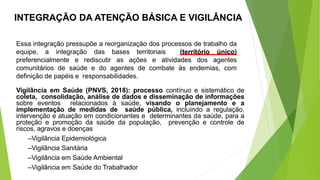 INTEGRAÇÃO DA ATENÇÃO BÁSICA E VIGILÂNCIA
Essa integração pressupõe a reorganização dos processos de trabalho da
equipe, a integração das bases territoriais (território único)
preferencialmente e rediscutir as ações e atividades dos agentes
comunitários de saúde e do agentes de combate às endemias, com
definição de papéis e responsabilidades.
Vigilância em Saúde (PNVS, 2018): processo contínuo e sistemático de
coleta, consolidação, análise de dados e disseminação de informações
sobre eventos relacionados à saúde, visando o planejamento e a
implementação de medidas de saúde pública, incluindo a regulação,
intervenção e atuação em condicionantes e determinantes da saúde, para a
proteção e promoção da saúde da população, prevenção e controle de
riscos, agravos e doenças
–Vigilância Epidemiológica
–Vigilância Sanitária
–Vigilância em Saúde Ambiental
–Vigilância em Saúde do Trabalhador
 