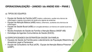a) TIPOS DE EQUIPES:
• Equipe de Saúde da Família (eSF):médico, enfermeiro, auxiliar e/ou técnico de
enfermagem e agente comunitário de saúde e/ou agente de endemias
• Equipe da Atenção Básica (eAB):médico, enfermeiro, auxiliares e/ou técnicos de
enfermagem
• Equipe de Saúde Bucal (eSB):um cirurgião-dentista e um técnico em saúde bucal e/ou
auxiliar
• Núcleo Ampliado de Saúde da Família e Atenção Básica (NASF-AB)
• Estratégia de Agentes Comunitários de Saúde (EACS).
b) ESPECIFICIDADES DA ESTRATÉGIA SAÚDE DA FAMÍLIA:
• Equipes de Saúde da Família para o atendimento da População Ribeirinha da
Amazônia Legal e Pantaneira;
• Equipe de Consultório na Rua (eCR); Equipe de Atenção Básica Prisional
(eABP).
OPERACIONALIZAÇÃO – (ANEXO I do ANEXO XXII – PNAB )
 