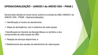 Deverá estar afixado em local visível, próximo à entrada da UBS ( ANEXO I do
ANEXO XXII – PNAB – Operacionalização):
 Identificação e horário de atendimento;
 Mapa de abrangência, com a cobertura de cada equipe;
Identificação do Gerente da Atenção Básica no território e dos
componentes de cada equipe da UBS;
 Relação de serviços disponíveis; e
 Detalhamento das escalas de atendimento de cada equipe.
OPERACIONALIZAÇÃO – (ANEXO I do ANEXO XXII – PNAB )
 