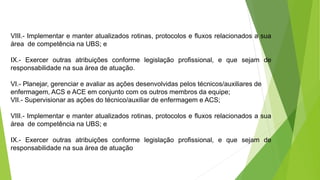 VIII.- Implementar e manter atualizados rotinas, protocolos e fluxos relacionados a sua
área de competência na UBS; e
IX.- Exercer outras atribuições conforme legislação profissional, e que sejam de
responsabilidade na sua área de atuação.
VI.- Planejar, gerenciar e avaliar as ações desenvolvidas pelos técnicos/auxiliares de
enfermagem, ACS e ACE em conjunto com os outros membros da equipe;
VII.- Supervisionar as ações do técnico/auxiliar de enfermagem e ACS;
VIII.- Implementar e manter atualizados rotinas, protocolos e fluxos relacionados a sua
área de competência na UBS; e
IX.- Exercer outras atribuições conforme legislação profissional, e que sejam de
responsabilidade na sua área de atuação
 