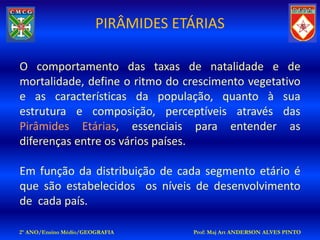 PIRÂMIDES ETÁRIAS

O comportamento das taxas de natalidade e de
mortalidade, define o ritmo do crescimento vegetativo
e as características da população, quanto à sua
estrutura e composição, perceptíveis através das
Pirâmides Etárias, essenciais para entender as
diferenças entre os vários países.

Em função da distribuição de cada segmento etário é
que são estabelecidos os níveis de desenvolvimento
de cada país.

2º ANO/Ensino Médio/GEOGRAFIA      Prof: Maj Art ANDERSON ALVES PINTO
 