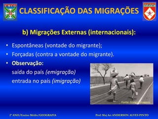 CLASSIFICAÇÃO DAS MIGRAÇÕES

        b) Migrações Externas (internacionais):
• Espontâneas (vontade do migrante);
• Forçadas (contra a vontade do migrante).
• Observação:
  saída do país (emigração)
  entrada no país (imigração)


                                                  Fonte: Google Imagens



 2º ANO/Ensino Médio/GEOGRAFIA    Prof: Maj Art ANDERSON ALVES PINTO
 