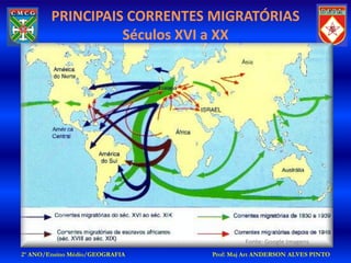 PRINCIPAIS CORRENTES MIGRATÓRIAS
                  Séculos XVI a XX




                                         Fonte: Google Imagens
2º ANO/Ensino Médio/GEOGRAFIA   Prof: Maj Art ANDERSON ALVES PINTO
 