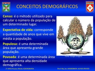 CONCEITOS DEMOGRÁFICOS
Censo: é o método utilizado para
calcular o número da população de
um determinado lugar.
Expectativa de vida: corresponde
a quantidade de anos que vive em
média a população.
Populosa: é uma determinada
área que apresenta grande
população.
Povoada: é uma determinada área            Fonte: Google Imagens

que apresenta alta densidade
demográfica.
 2º ANO/Ensino Médio/GEOGRAFIA      Prof: Maj Art ANDERSON ALVES PINTO
 