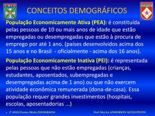 CONCEITOS DEMOGRÁFICOS
População Economicamente Ativa (PEA): é constituída
pelas pessoas de 10 ou mais anos de idade que estão
empregadas ou desempregadas que estão à procura de
emprego por até 1 ano. (países desenvolvidos acima dos
15 anos e no Brasil - oficialmente - acima dos 16 anos).
População Economicamente Inativa (PEI): é representada
pelas pessoas que não estão empregadas (crianças,
estudantes, aposentados, subempregadas e
desempregadas acima de 1 ano) ou que não exercem
atividade econômica remunerada (dona-de-casa). Essa
população requer grandes investimentos (hospitais,
escolas, aposentadorias ...)
. 2º ANO/Ensino Médio/GEOGRAFIA   Prof: Maj Art ANDERSON ALVES PINTO
 